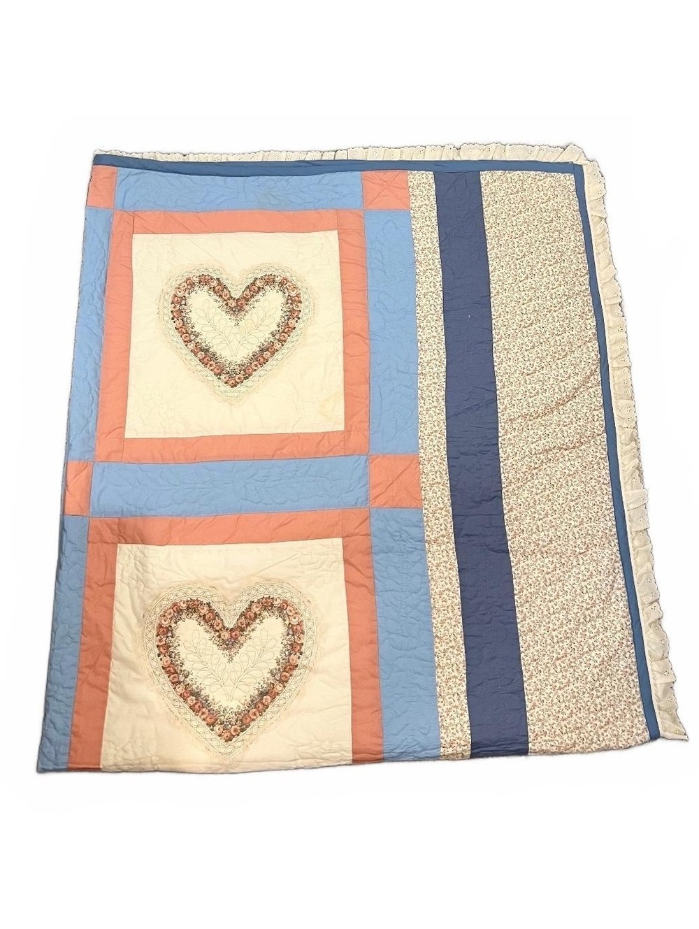 Vintage Handmade Heart Patchwork Ruffle Quilt Pillowcase Set Cottage Farmhouse
